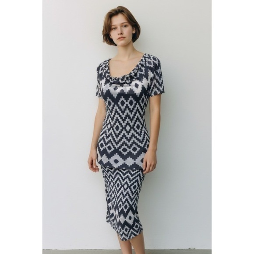 New NWT LIKELY Geometric Print Mesh Cowl Neck Short Sleeve Sheath Midi Dress - 6